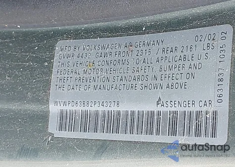 2002 Volkswagen Passat Gls z USA, uszkodzony, nr VIN WVWPD63B82P343278